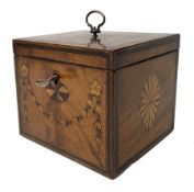 18th century Sheraton style mahogany tea caddy, of cuboid form with banded quarter veneered top, inl