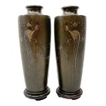 Pair of Meiji Period Japanese bronze vases, c1900, of slender baluster form, each inlaid with variou