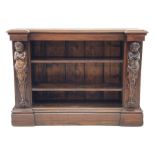 19th century oak bookcase, moulded reverse breakfront top over two adjustable shelves flanked by cla