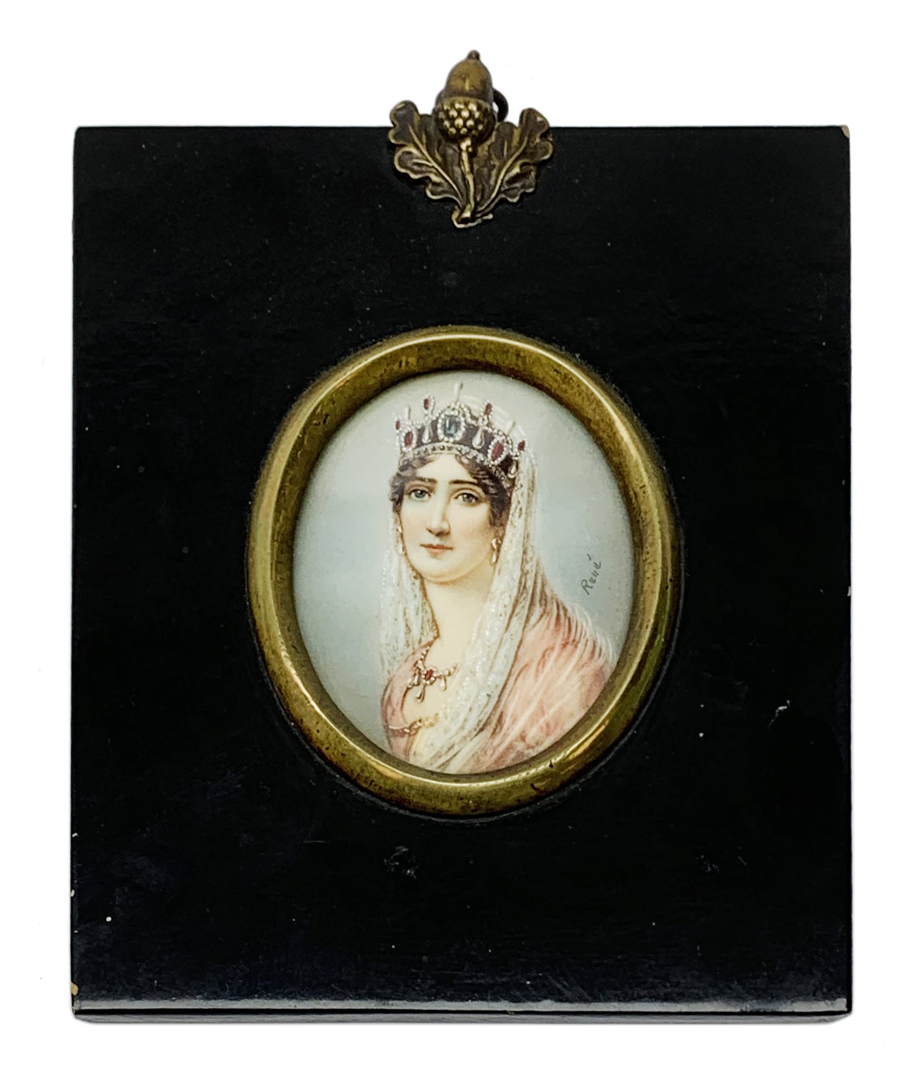 20th century oval portrait miniature upon ivory, depicting a Jos�phine Bonaparte, signed Ren�, withi