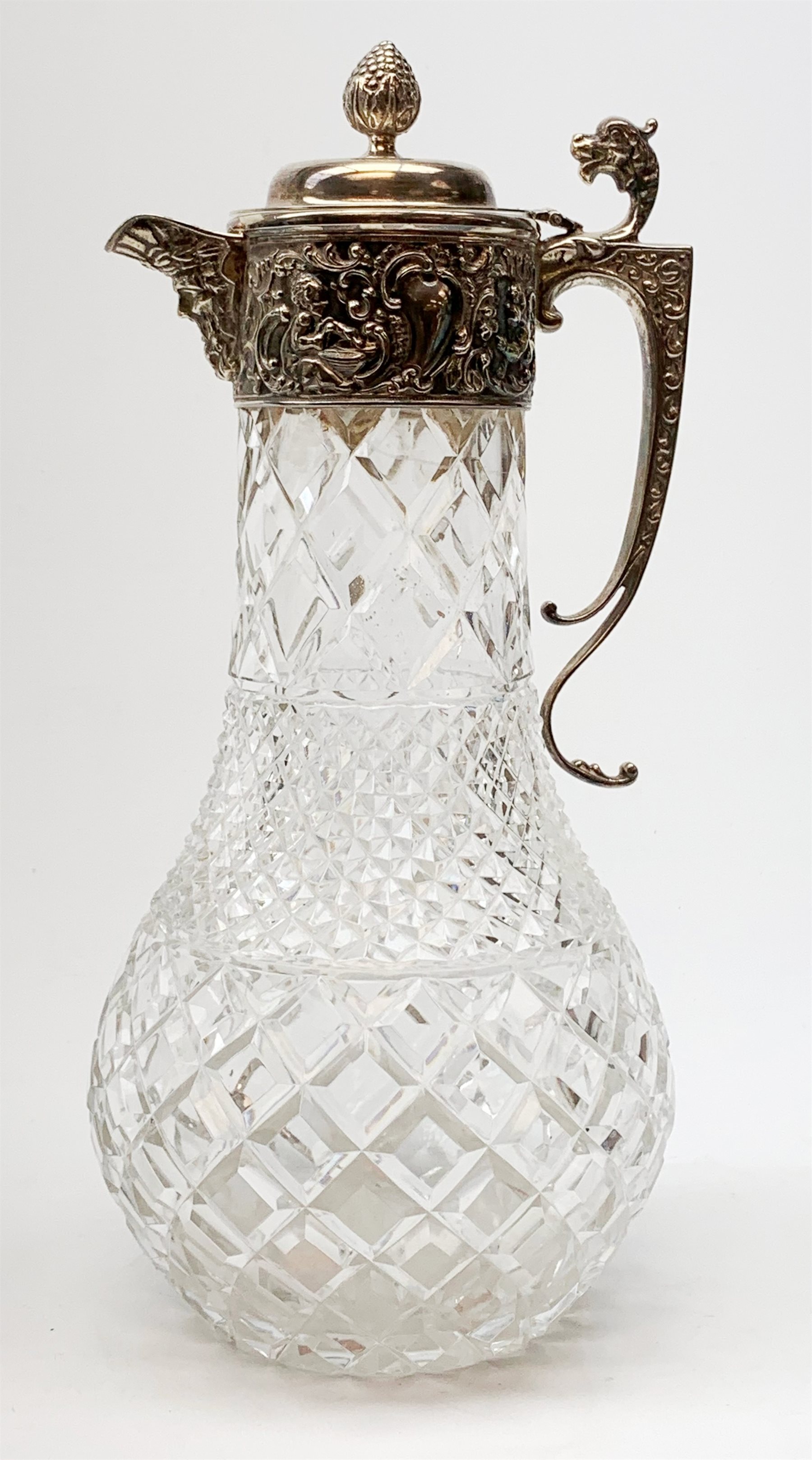 Elizabeth II silver mounted cut glass claret jug, the clear glass body of baluster form with hobnail - Image 2 of 21