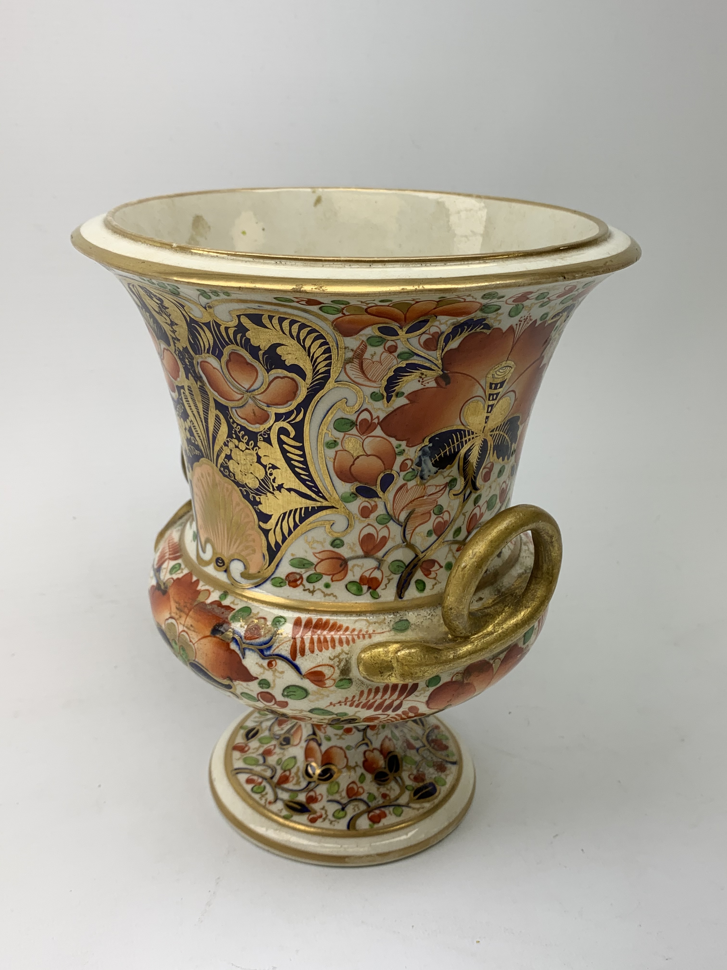 Early 19th century Derby campagna vase, with twin gilt serpent modelled handles and raised upon a sp - Image 9 of 11