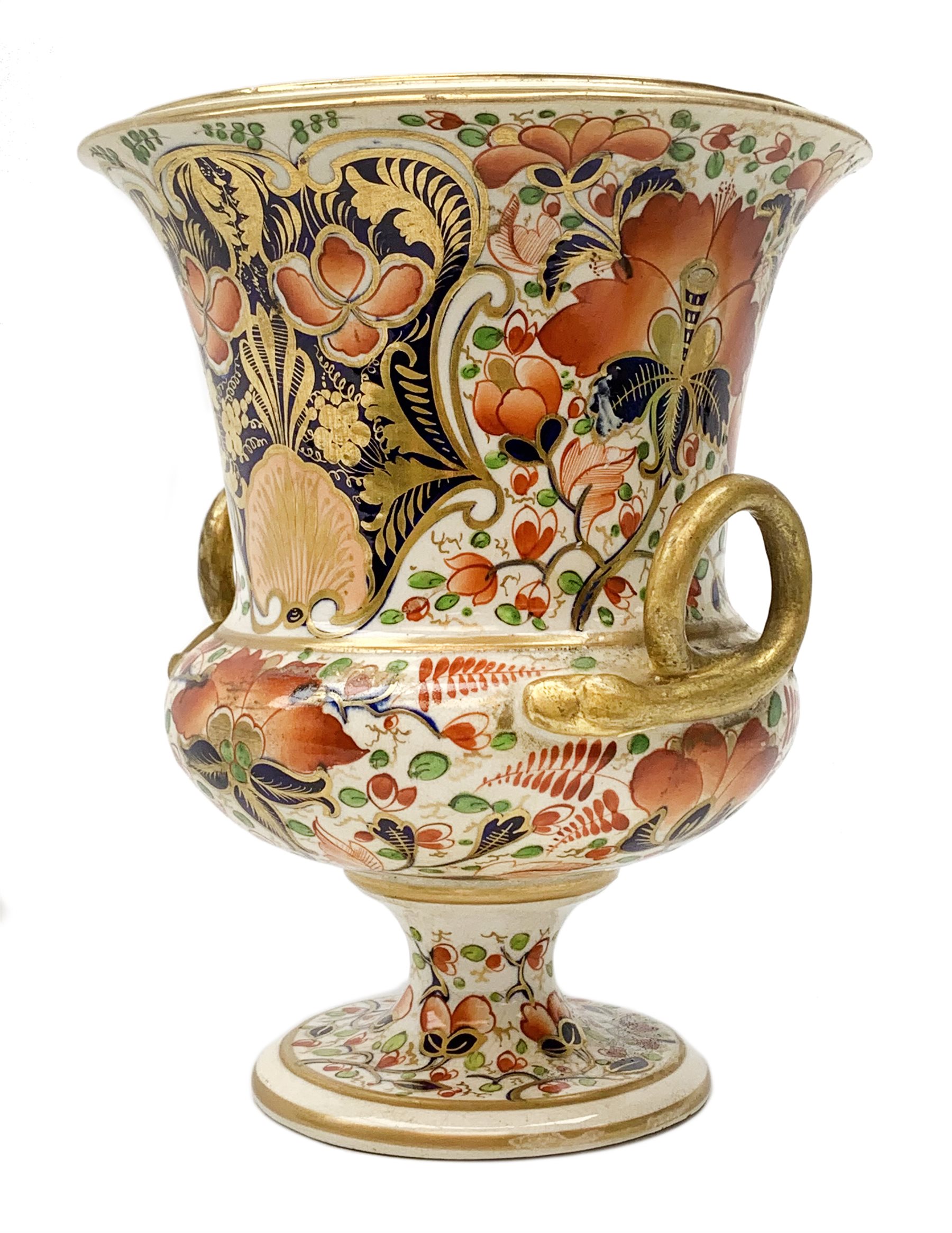 Early 19th century Derby campagna vase, with twin gilt serpent modelled handles and raised upon a sp