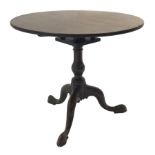 George lll mahogany circular tripod table, birdcage tilt top on baluster column support with three c