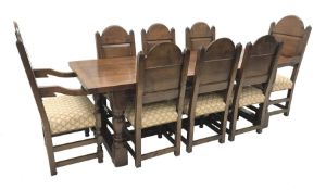 Bylaws Furniture - traditional oak plank top refectory dining, four turned supports connected by H-s