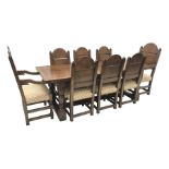 Bylaws Furniture - traditional oak plank top refectory dining, four turned supports connected by H-s