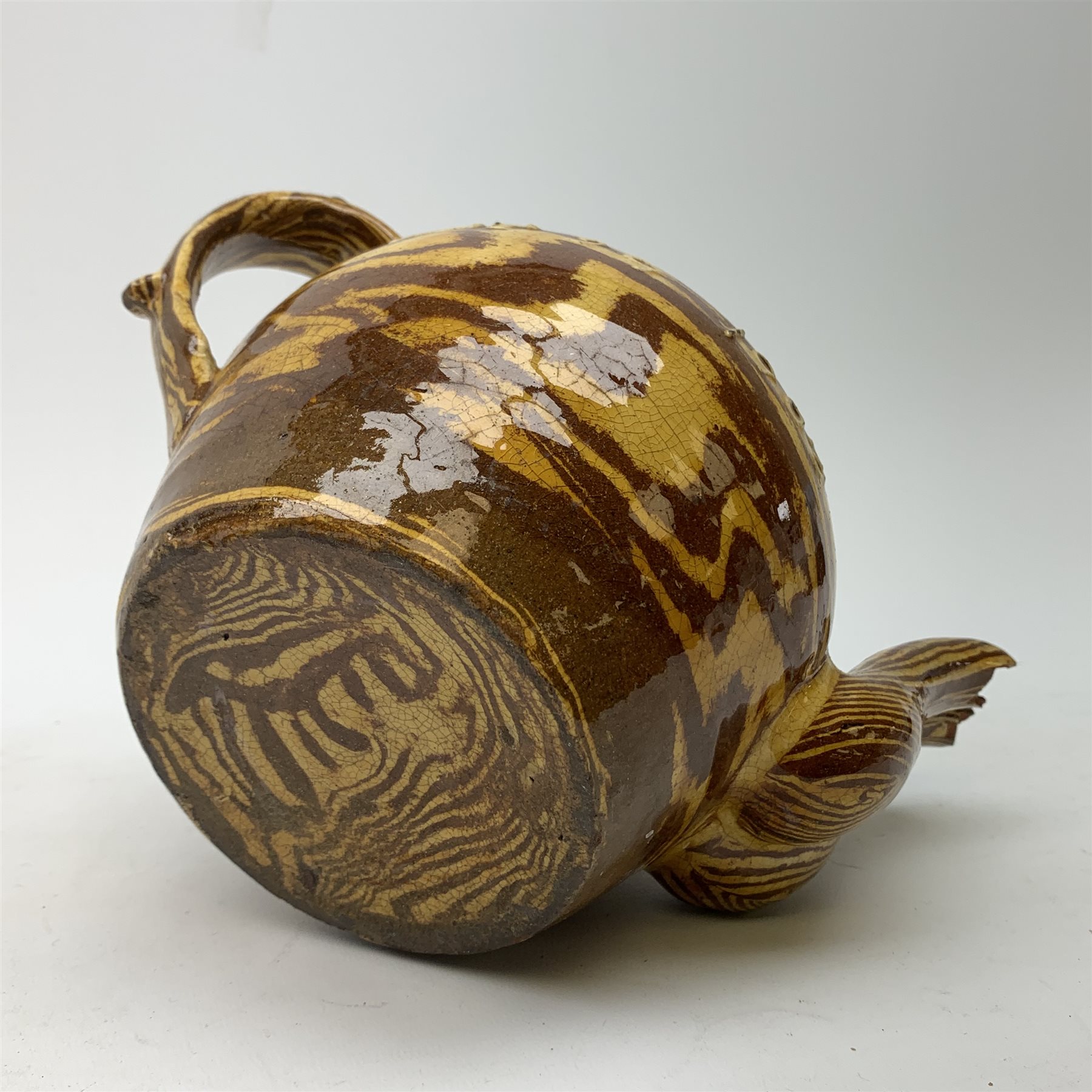 Edwardian slipware double spouted teapot, inscribed to body Mary E. Thompson Oct 29 1903, H19cm - Image 9 of 20