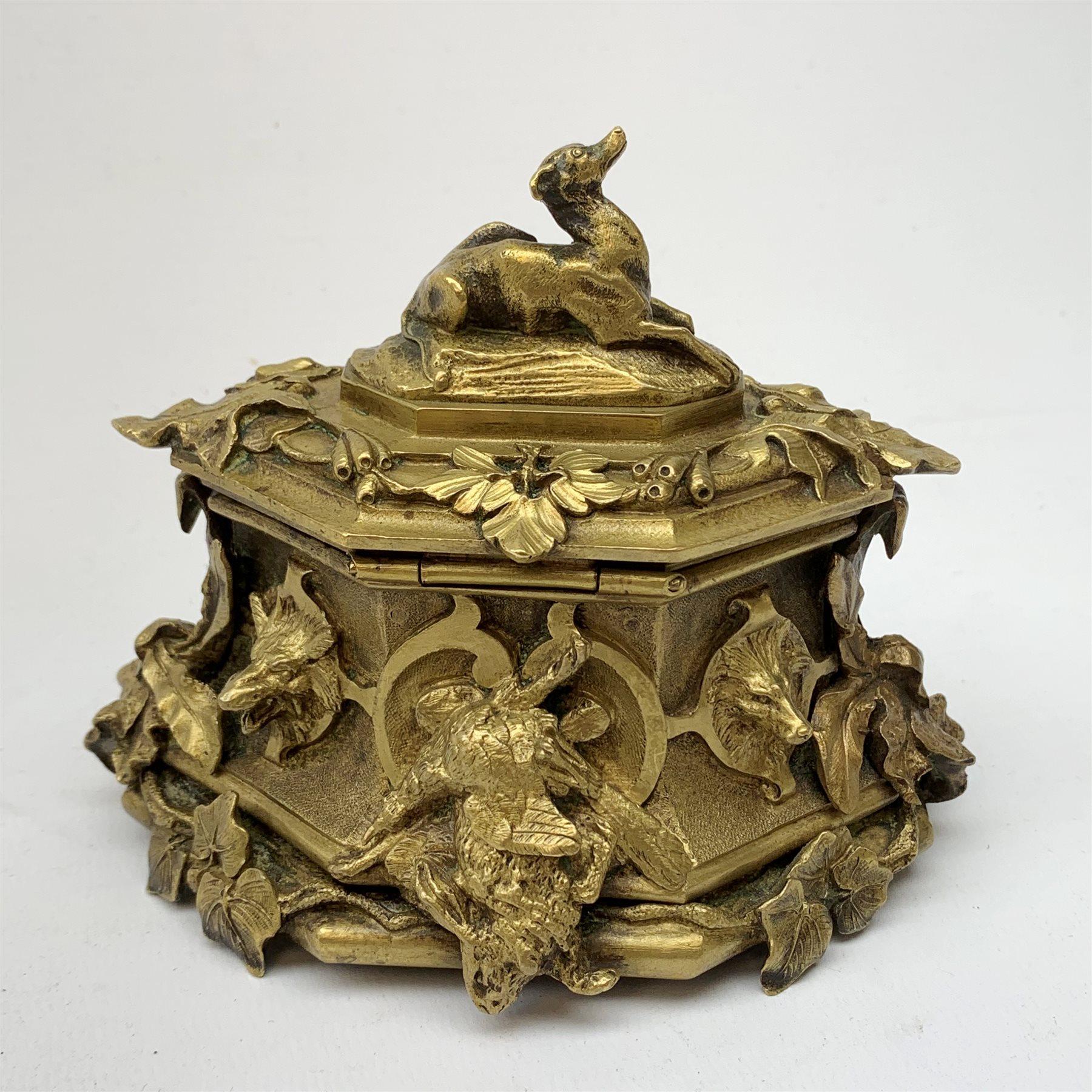 Late 19th century gilt bronze casket, of lozenge form with cast and applied detail in the form of ho - Image 2 of 9