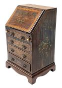 Edwardian miniature mahogany bureau, the fall front hand painted with two quivers of arrows, beneath