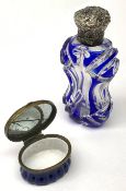 Late 19th century silver mounted glass scent bottle, the blue flash cut waisted body with foliate em