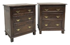 Pair traditional oak pedestal chests, moulded rectangular tops over three drawers, W59cm, H68cm, D41