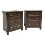 Pair traditional oak pedestal chests, moulded rectangular tops over three drawers, W59cm, H68cm, D41