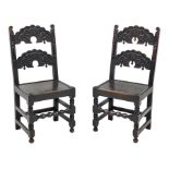 Pair late 19th century oak Yorkshire type chairs, backs relief carved with scrolls and foliage, half