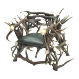 Red Deer Antler armchair, constructed from entwined Antlers, over a leather upholstered studwork se