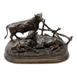 After Jules Moigniez (French 1835-1894), bronze figure group modelled as a bull, cow and calf on nat