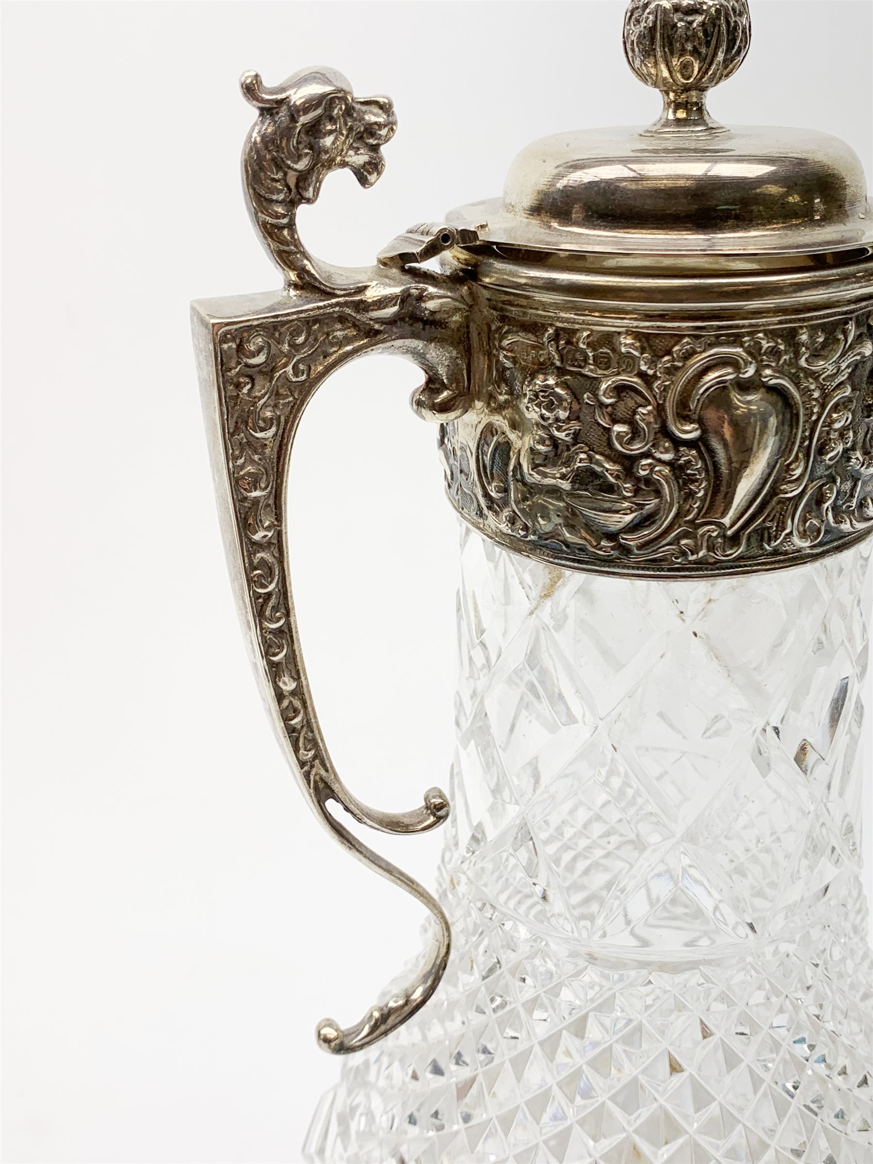 Elizabeth II silver mounted cut glass claret jug, the clear glass body of baluster form with hobnail - Image 6 of 21