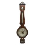 Early 19th century rosewood four dial banjo barometer, dry/damp dial, mercury thermometer with regis