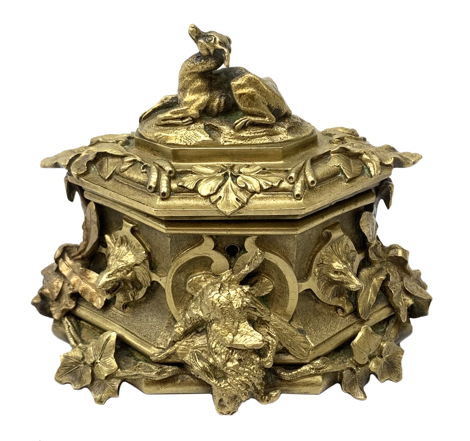 Late 19th century gilt bronze casket, of lozenge form with cast and applied detail in the form of ho