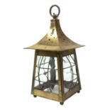 Arts and Crafts brass porch lantern, of pagoda form, H44cm
