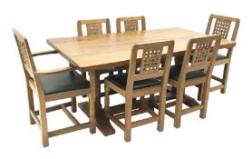 'Lizardman' oak refectory dining table with rectangular adzed top, twin pillar supports on sledge fe