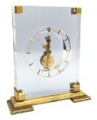 Mid 20th century Jaeger-LeCoultre skeleton clock, gilt metal mounts and stepped base, W18cm, H20cm