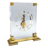 Mid 20th century Jaeger-LeCoultre skeleton clock, gilt metal mounts and stepped base, W18cm, H20cm