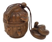 Japanese Meiji carved wooden inro, modelled as a basket with snake and rats climbing over, with snak