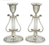 Pair of Edwardian silver stylised harp candlesticks by Sibray, Hall & Co Ltd, London 1911, H19.5cm