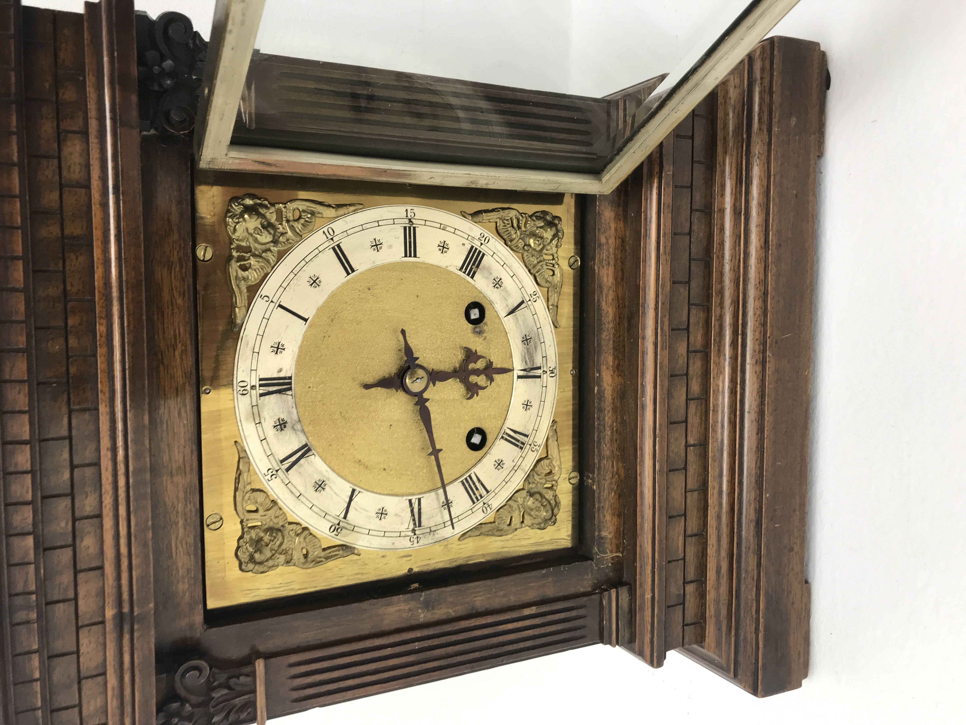 Late 19th century walnut architectural cased bracket clock, square brass dial with silvered Roman ch - Image 3 of 3