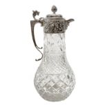 Elizabeth II silver mounted cut glass claret jug, the clear glass body of baluster form with hobnail