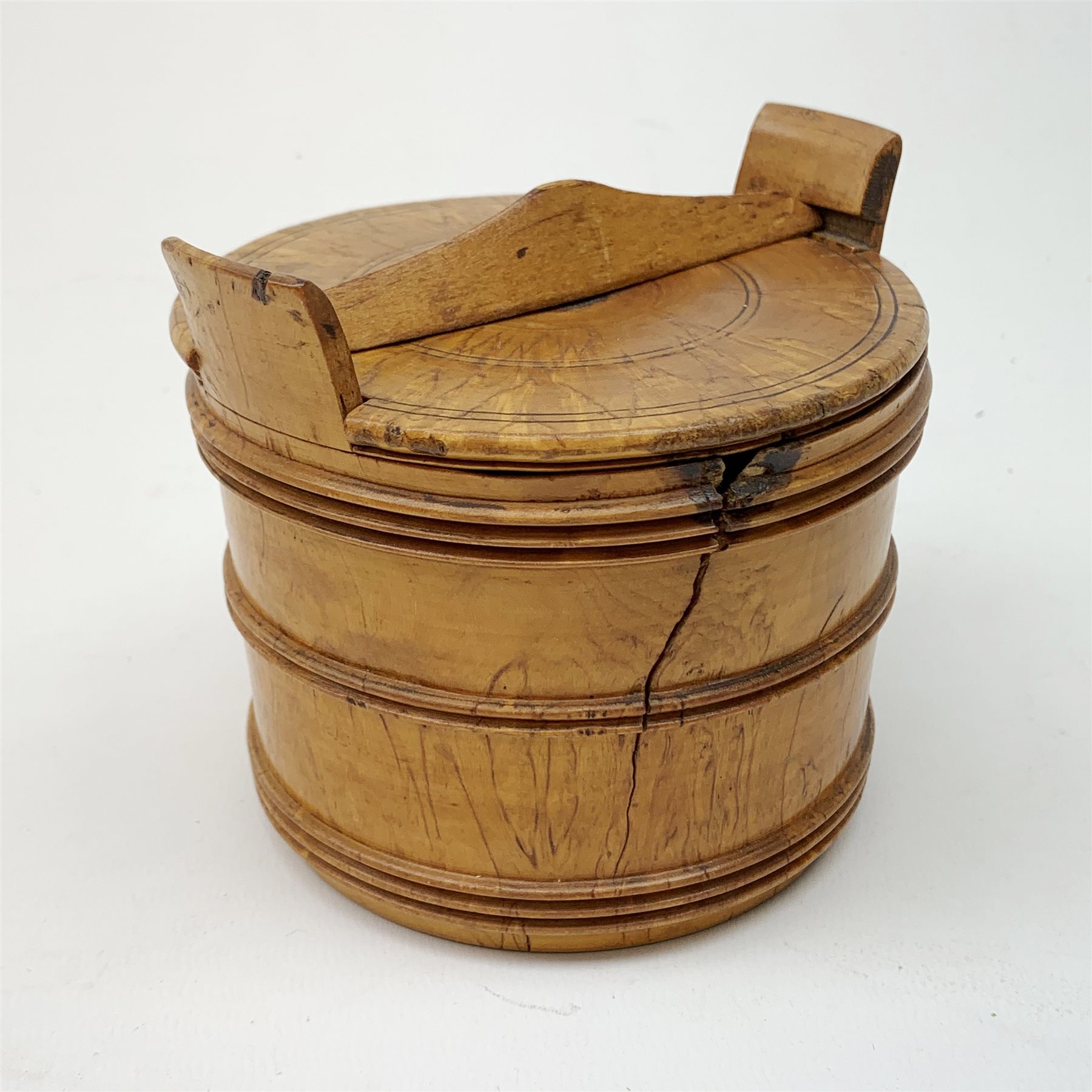 18th/19th century turned treen butter tub, with lockable cover, H10cm, D11.5cm - Image 9 of 14
