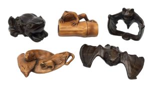 Group of five Japanese Meiji carved wooden netsukes, comprising two bats, frog on bamboo, two frogs,