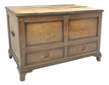 Early 19th century oak and mahogany banded mule chest, paneled front and sides, two false drawers to