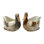 Two early 19th century Derby sauce boats, modelled in the form of birds, the head and neck forming t