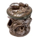 19th century salt glazed tobacco jar, of cylindrical form modelled as a tree trunk, decorated in rel