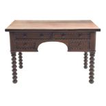 Victorian mahogany knee hole desk dressing table, rectangular top over four drawers with turned spli