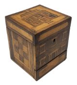 Early Victorian rosewood and specimen wood trinket box, of cuboid form, the lid and front inlaid wit