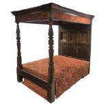 17th century and later Jacobean style oak four poster bed with canopy, the projecting canted cornice