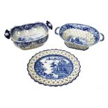 Mid 19th century blue and white transfer printed pearlware reticulated chestnut basket, of oval form