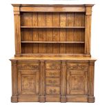 Bylaws Furniture - Georgian style figured oak dresser, projecting cornice over three heights plate r