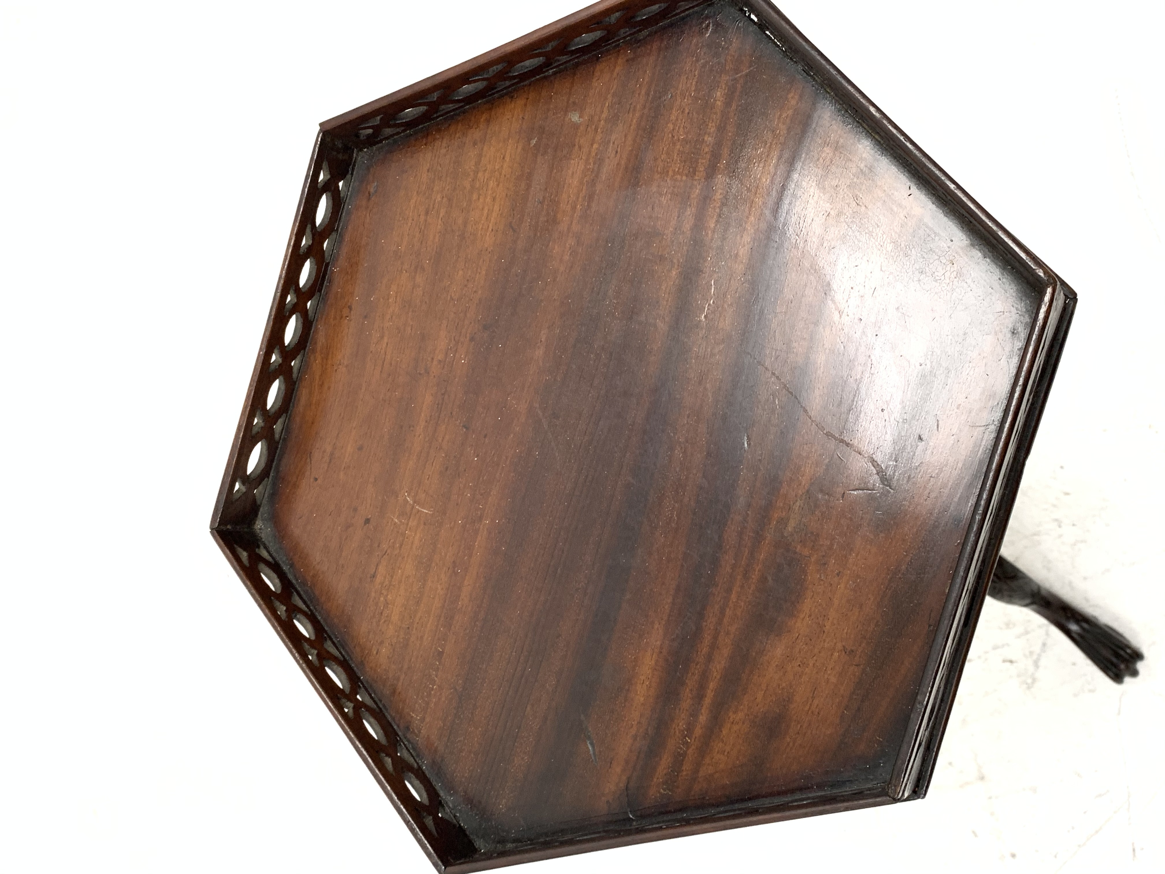 Small Georgian style mahogany tripod wine table, figured hexagonal top with pierced gallery, turned - Image 11 of 11