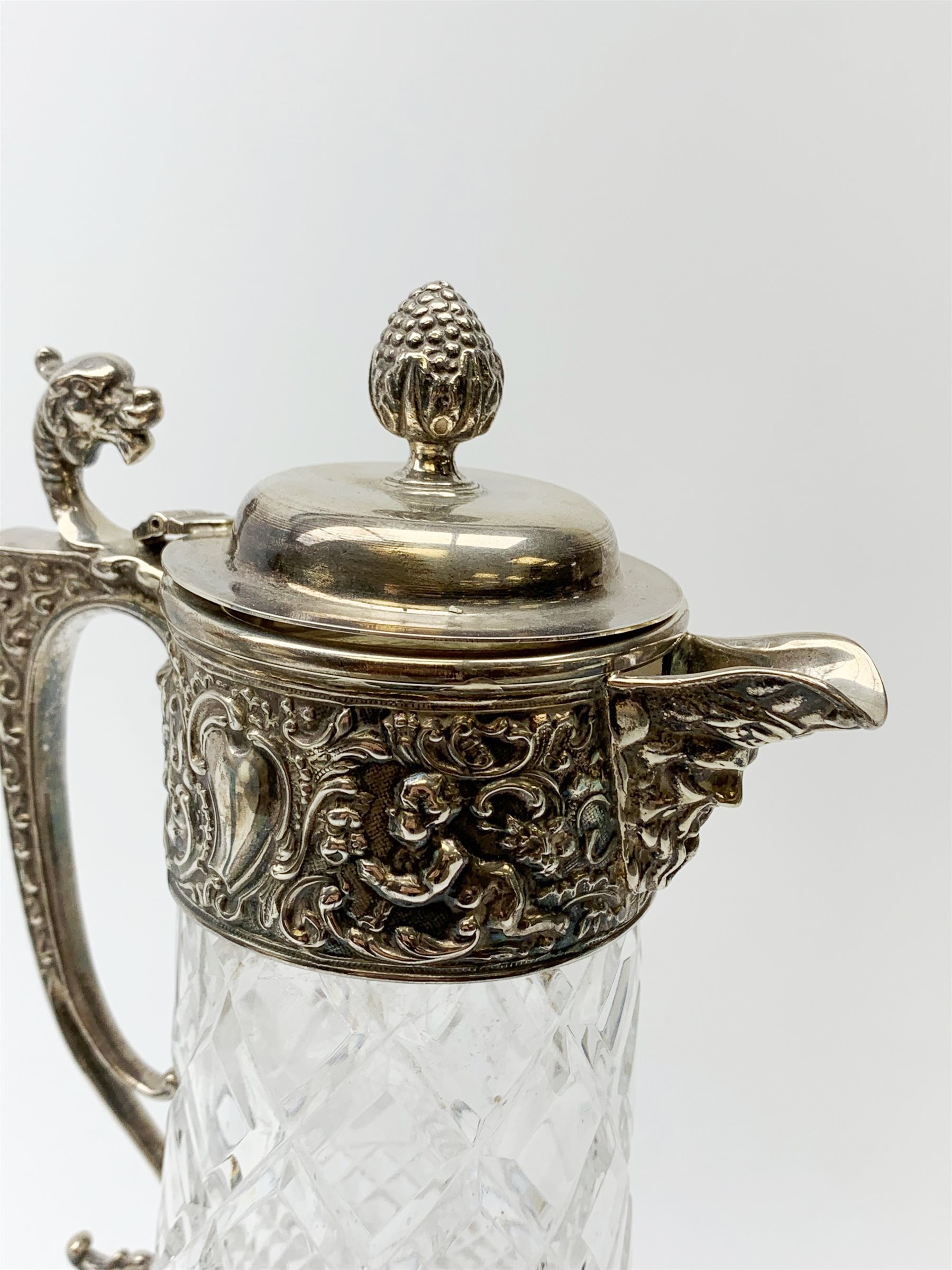 Elizabeth II silver mounted cut glass claret jug, the clear glass body of baluster form with hobnail - Image 7 of 21