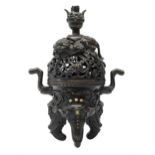 Chinese bronze 'Elephant' censer and cover, of tripod form cast with elephant handles and feet, the