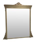 Large early 20th century gilt wood and gesso overmantle mirror, the pediment moulded with anthemion