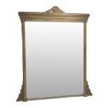 Large early 20th century gilt wood and gesso overmantle mirror, the pediment moulded with anthemion