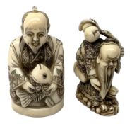 Two Japanese Meiji ivory netsukes, modelled as Fukurokuju, and a Fisherman, H6.5cm, (2)