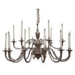 Lampart Italy - Large late 20th century Italian silver plated chandelier, two tier lobe moulded stem