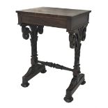 Regency rosewood work table, single frieze drawer on shaped and pierced scroll carved supports joine