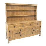 'Lizardman' panelled oak dresser, two heights plate rack above base fitted with three drawers, doubl