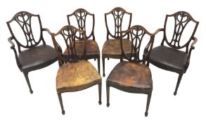 Set six early 20th century Sheraton revival dining chairs, shield shaped back with serpentine bead c